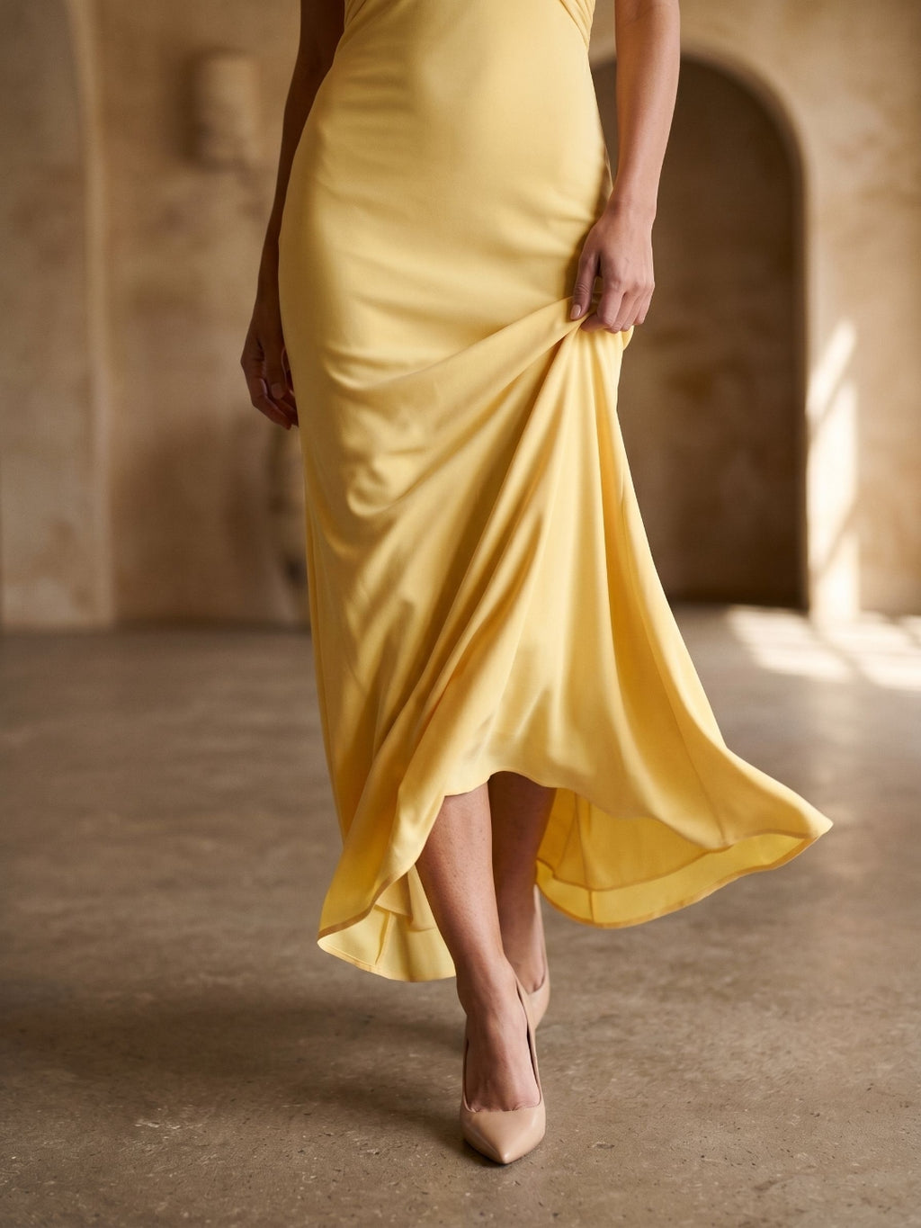 Daffodil Matte Satin Sheath Halter Neckline Backless Floor-Length Formal Dress with Pleating