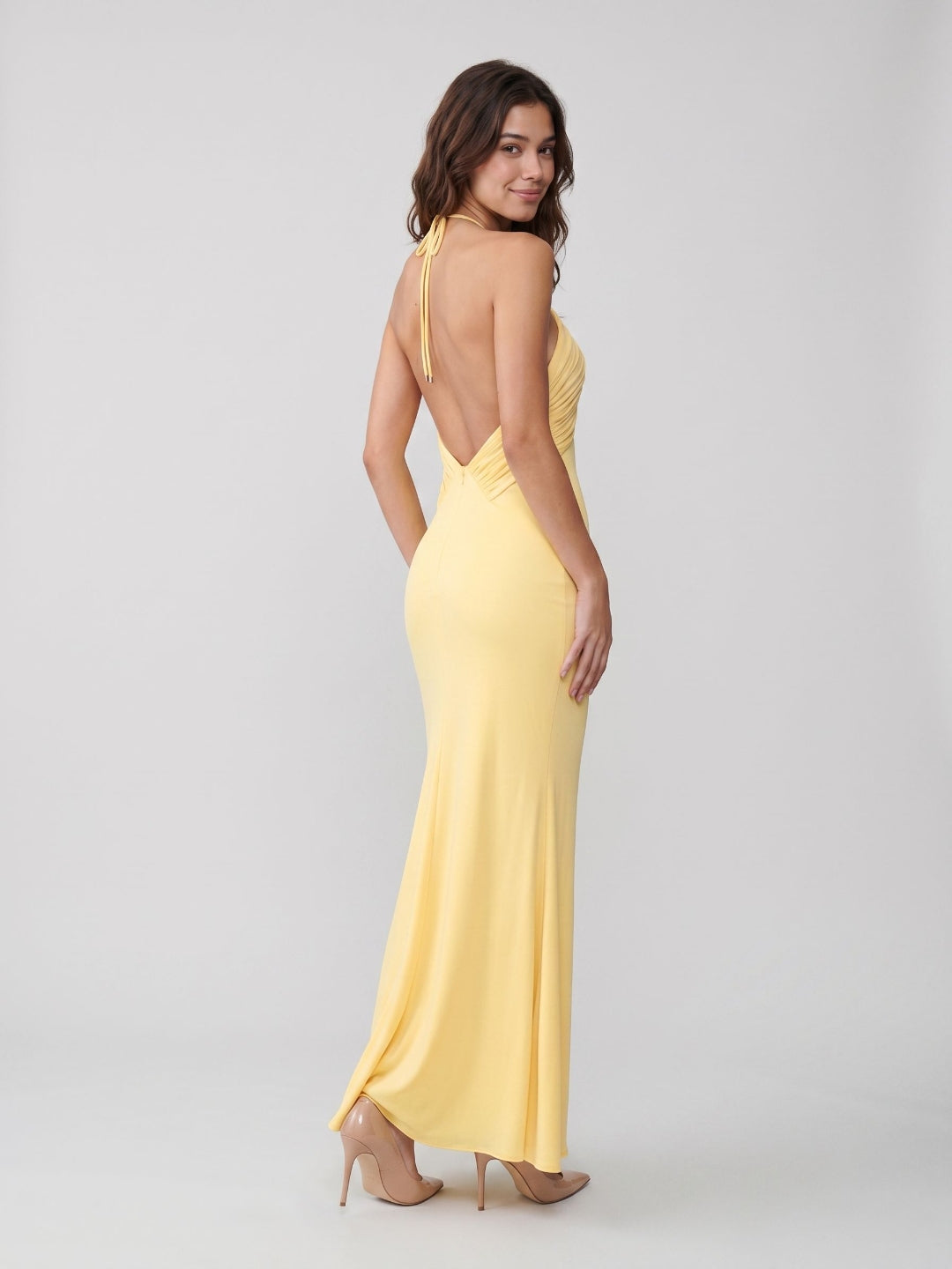 Daffodil Matte Satin Sheath Halter Neckline Backless Floor-Length Formal Dress with Pleating