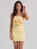 Daffodil Matte Satin Sheath Straight Neck Back Zip Short Mini Dress with 3D Flower