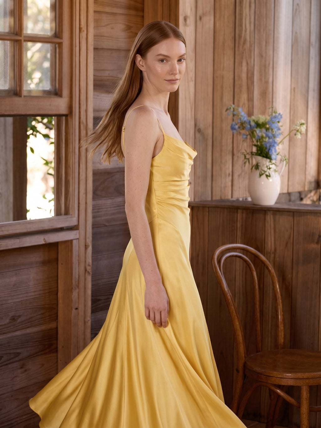 Daffodil Satin A-Line Cowl Neck Lace-up Floor-Length Bridesmaid Dress with Pleats