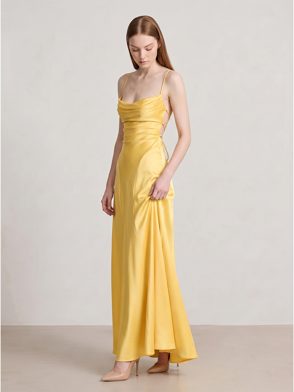 Daffodil Satin A-Line Cowl Neck Lace-up Floor-Length Bridesmaid Dress with Pleats