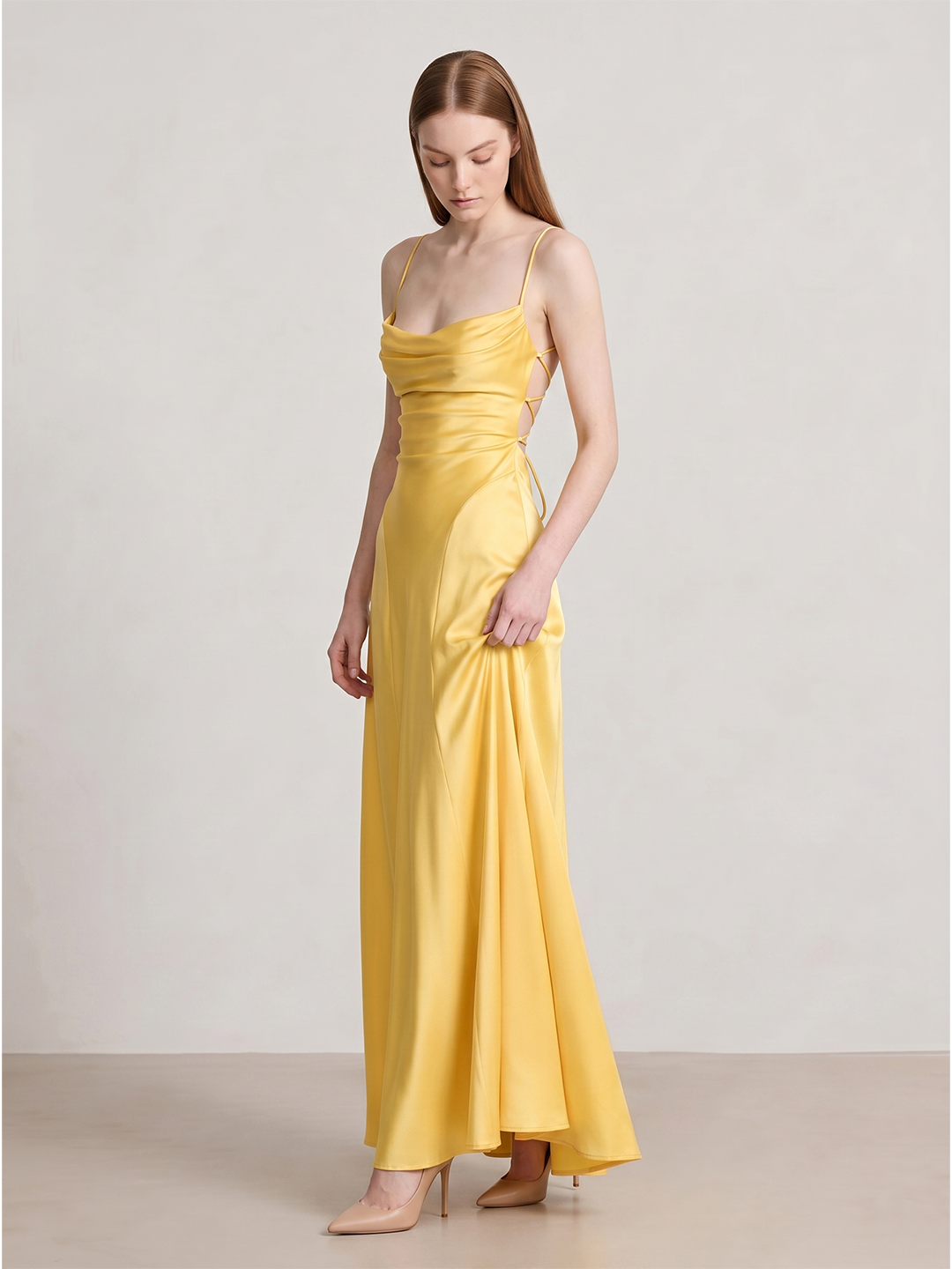 Daffodil Satin A-Line Cowl Neck Lace-up Floor-Length Bridesmaid Dress with Pleats