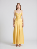 Daffodil Satin A-Line Cowl Neck Lace-up Floor-Length Bridesmaid Dress with Pleats