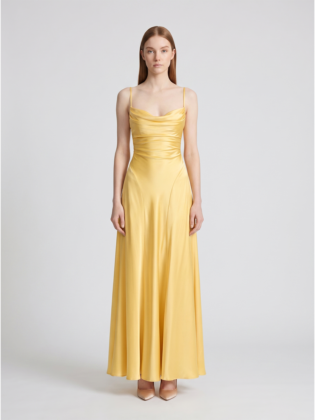 Daffodil Satin A-Line Cowl Neck Lace-up Floor-Length Bridesmaid Dress with Pleats