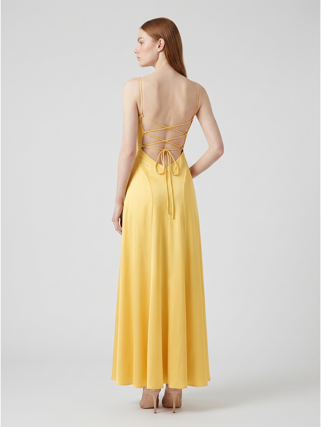 Daffodil Satin A-Line Cowl Neck Lace-up Floor-Length Bridesmaid Dress with Pleats