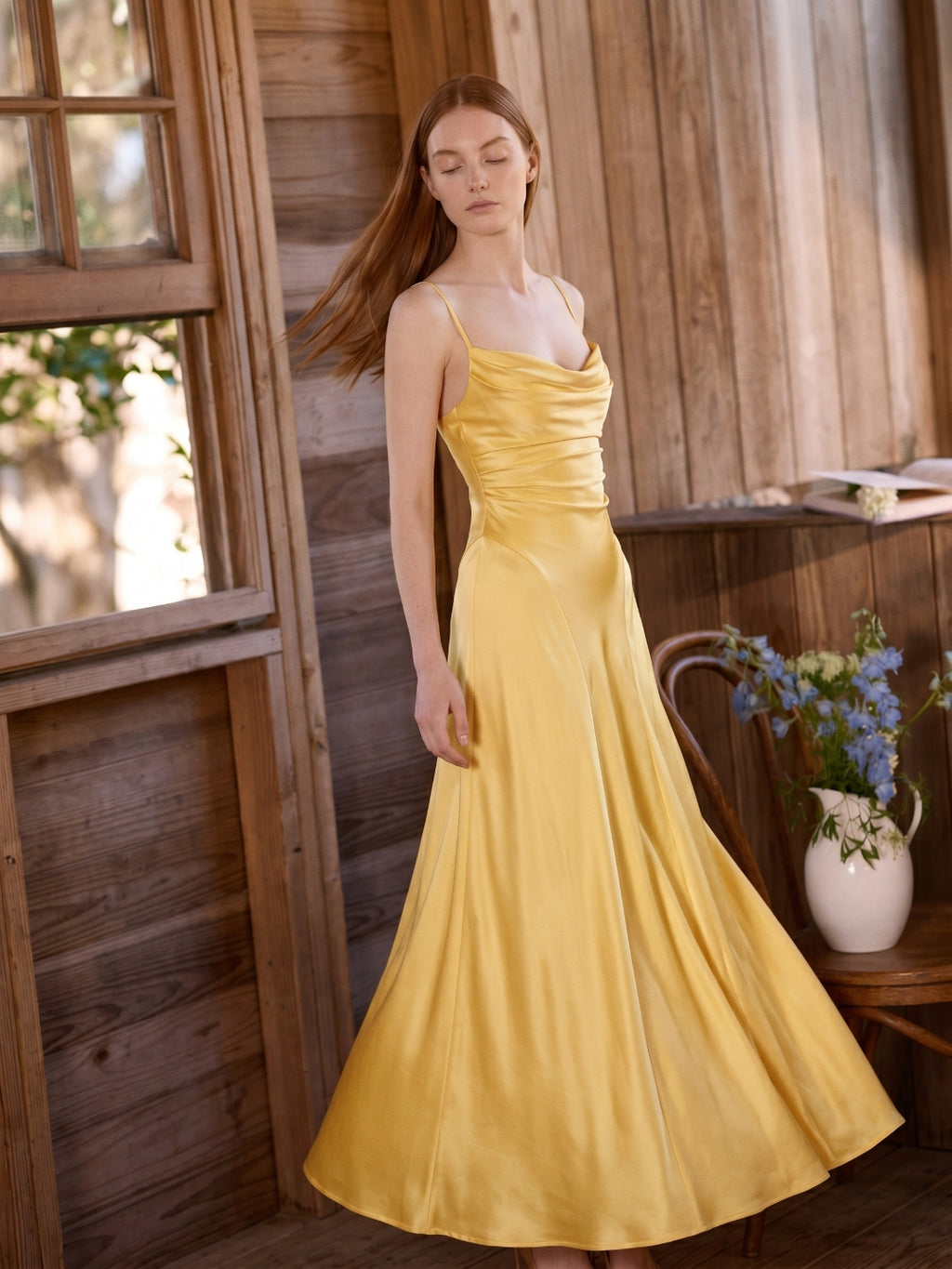 Daffodil Satin A-Line Cowl Neck Lace-up Floor-Length Bridesmaid Dress with Pleats