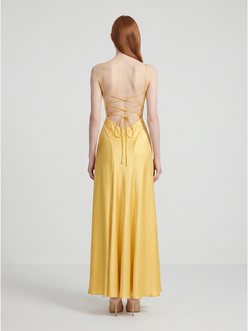 Daffodil Satin A-Line Cowl Neck Lace-up Floor-Length Bridesmaid Dress with Pleats