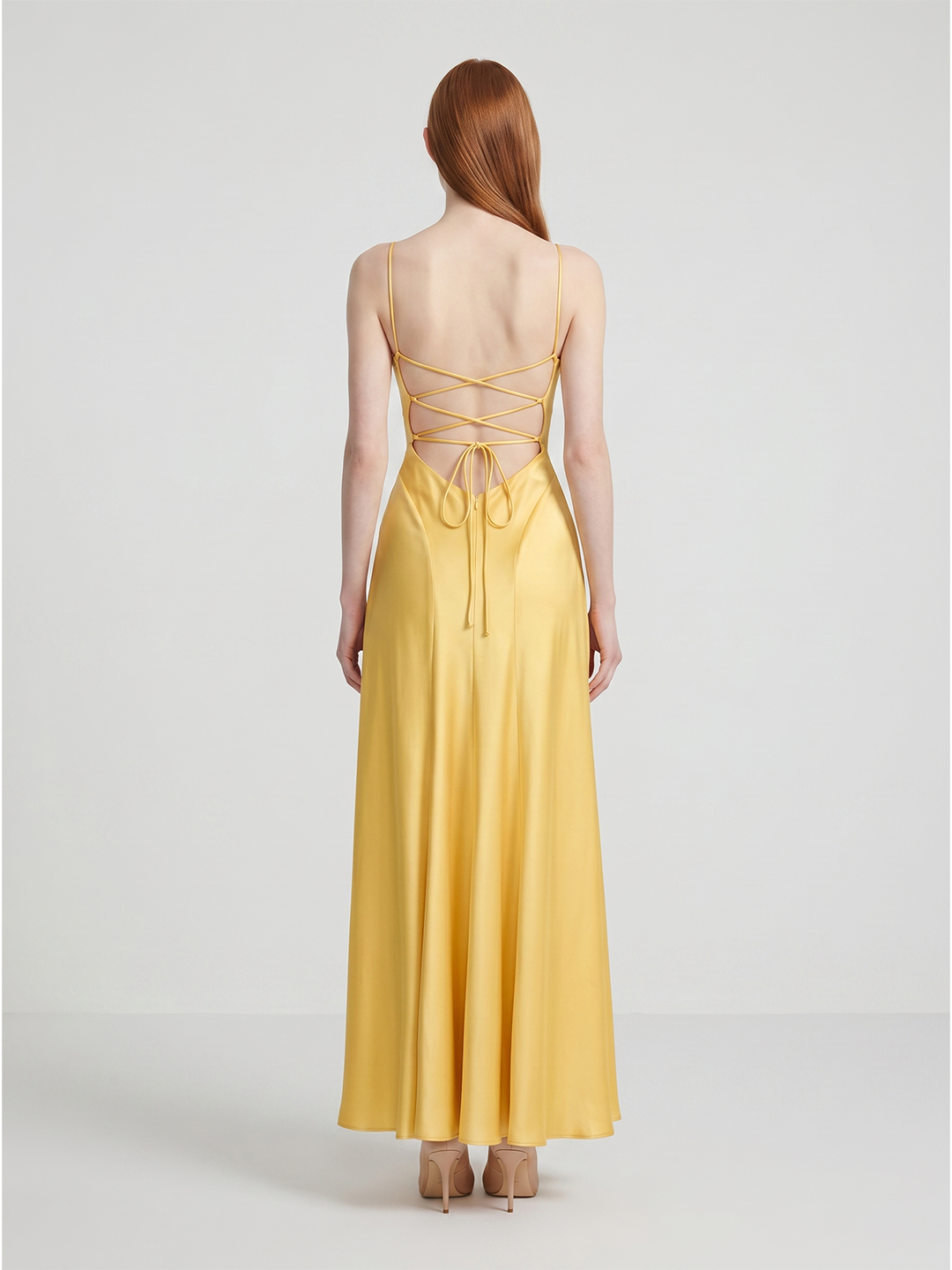 Daffodil Satin A-Line Cowl Neck Lace-up Floor-Length Bridesmaid Dress with Pleats