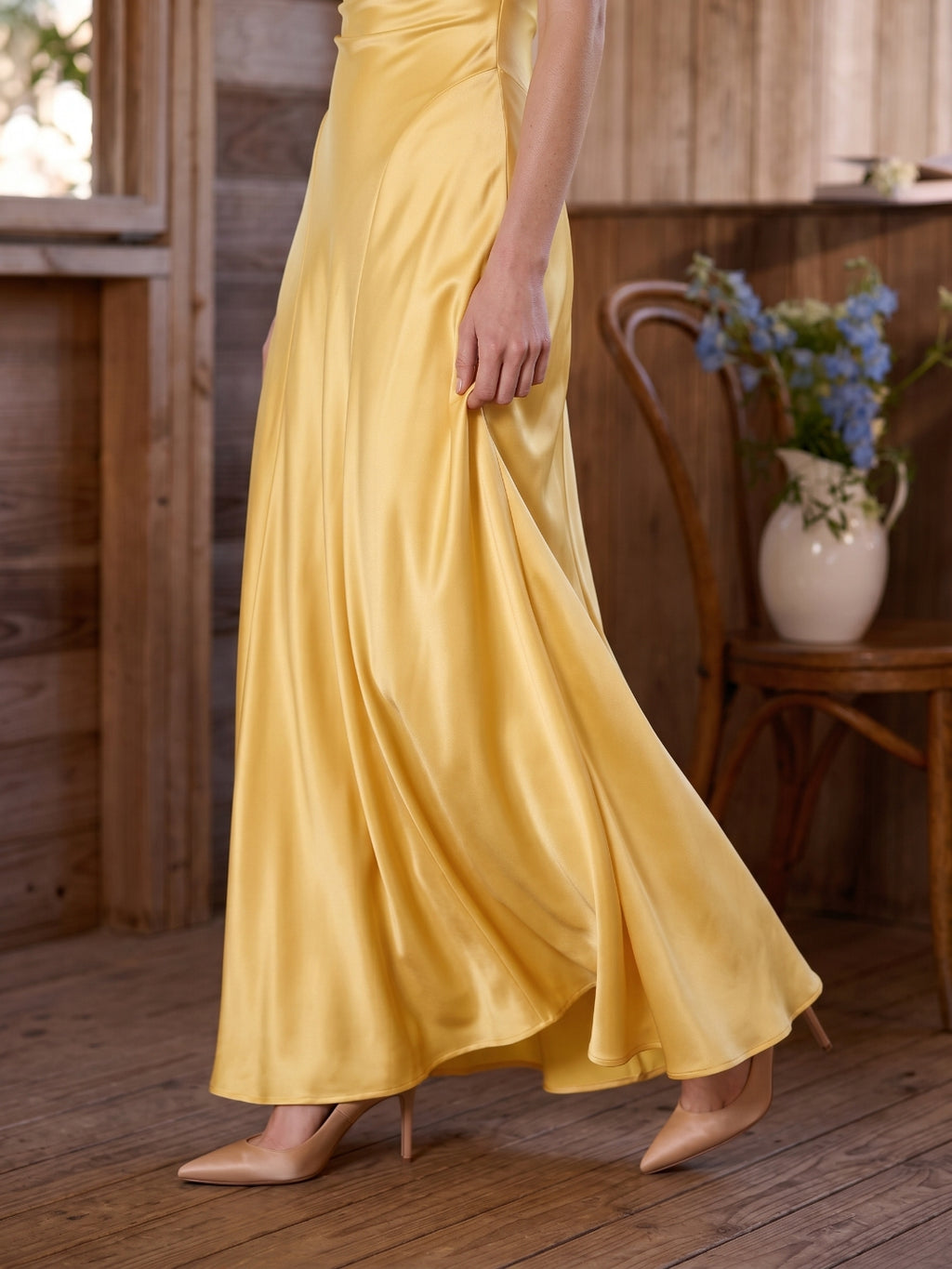 Daffodil Satin A-Line Cowl Neck Lace-up Floor-Length Bridesmaid Dress with Pleats