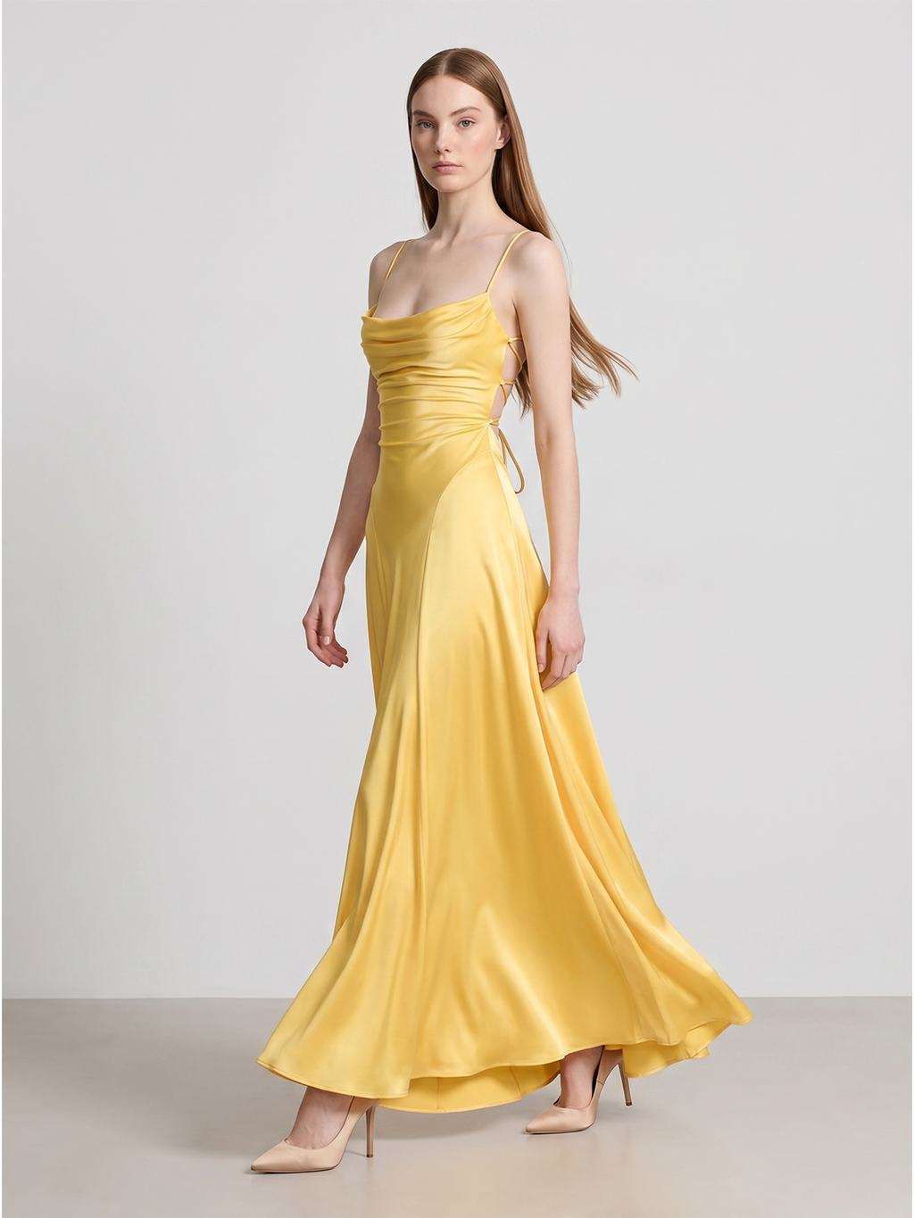 Daffodil Satin A-Line Cowl Neck Lace-up Floor-Length Bridesmaid Dress with Pleats