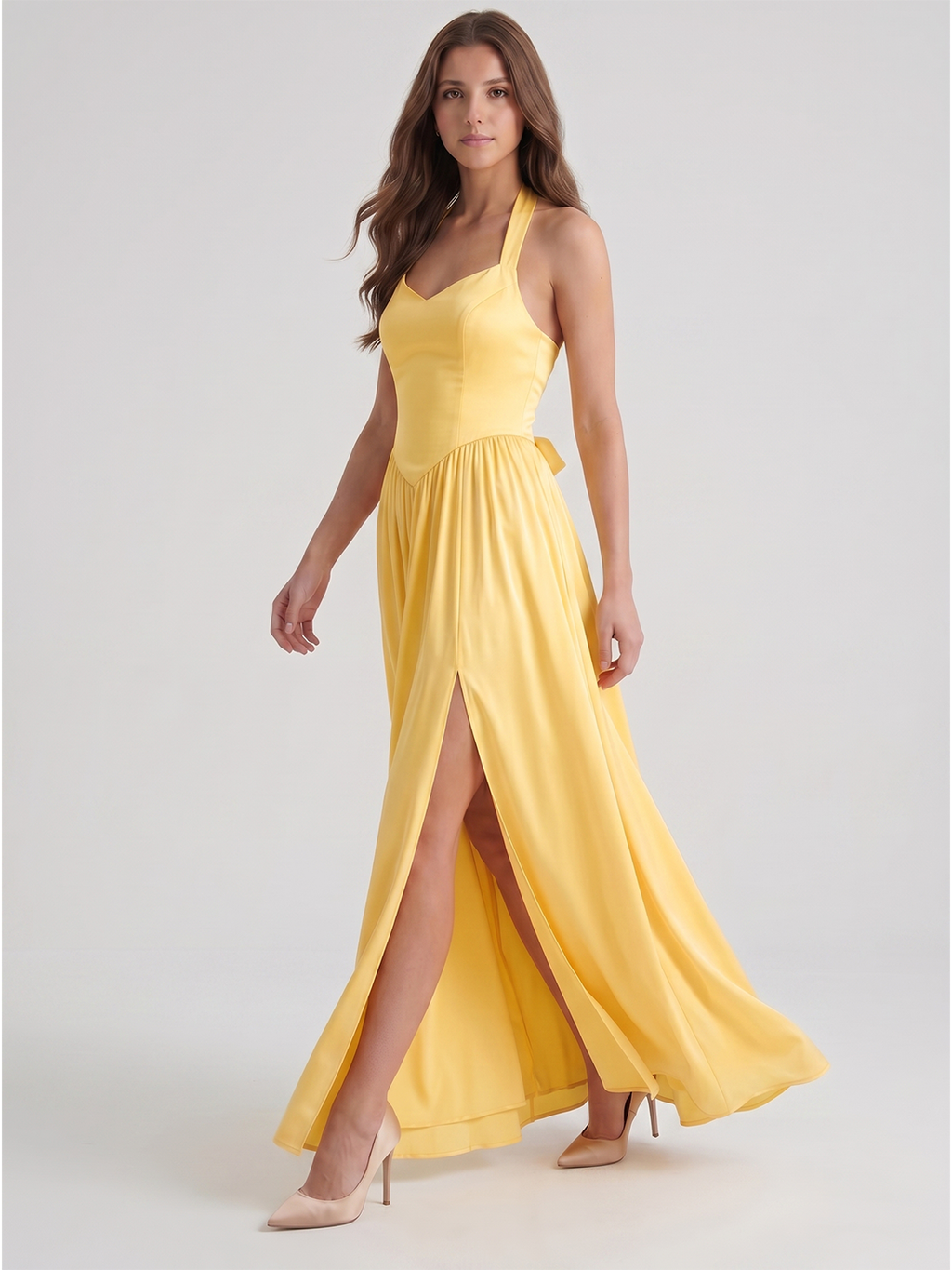 Daffodil Satin A-Line Halter Criss-Cross Floor-Length Bridesmaid Dress with Pleats