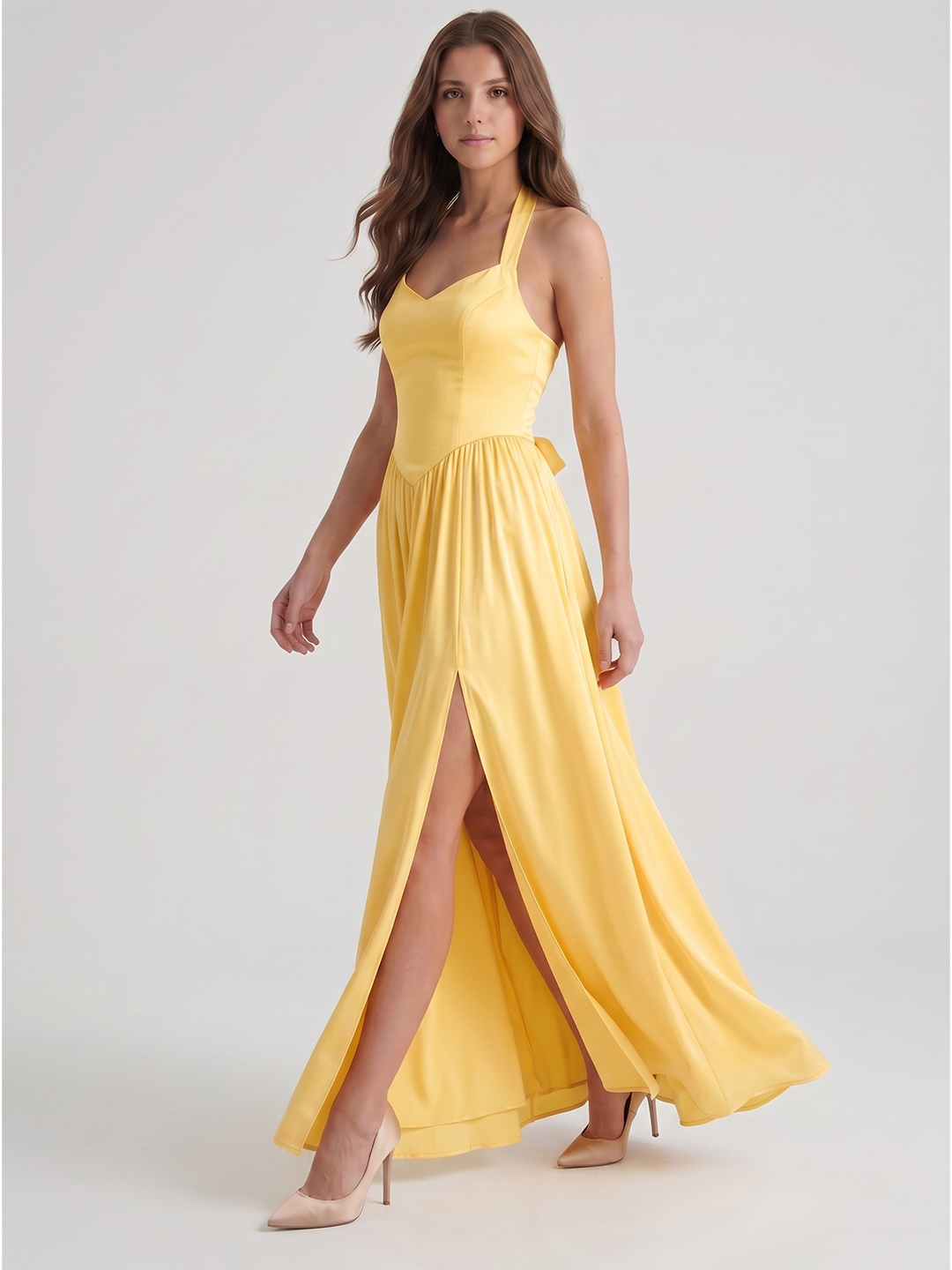 Daffodil Satin A-Line Halter Criss-Cross Floor-Length Bridesmaid Dress with Pleats