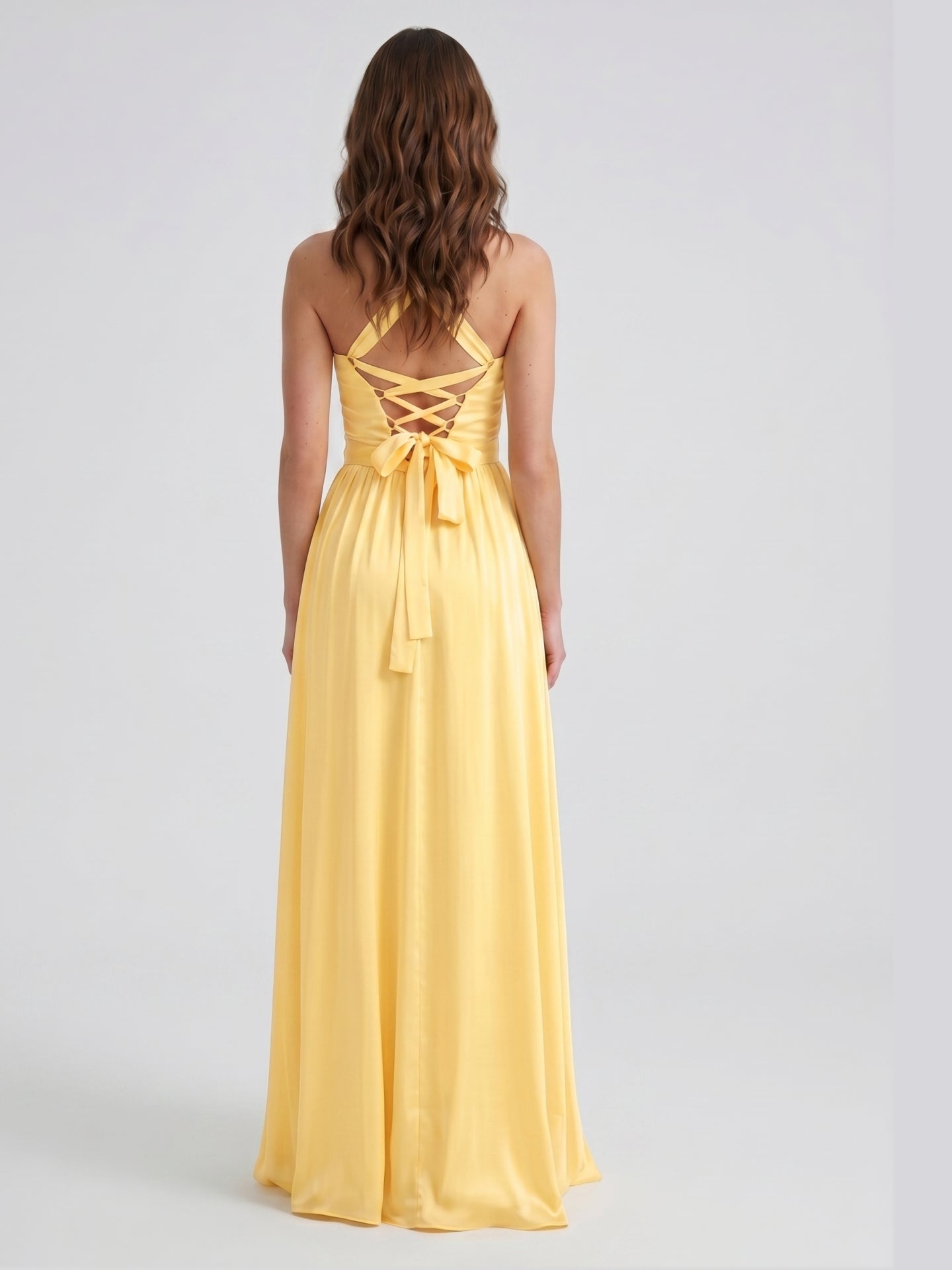 Daffodil Satin A-Line Halter Criss-Cross Floor-Length Bridesmaid Dress with Pleats