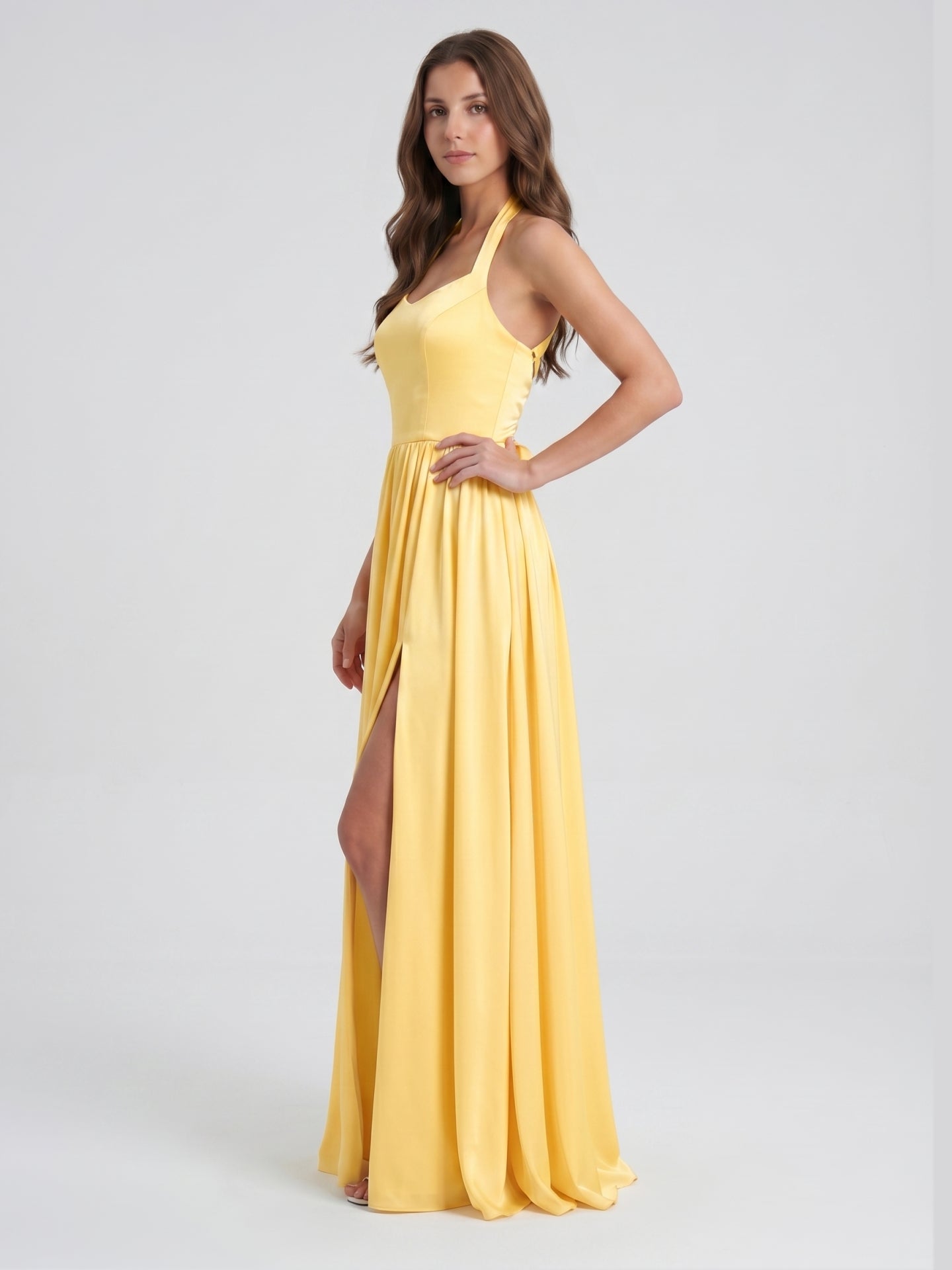 Daffodil Satin A-Line Halter Criss-Cross Floor-Length Bridesmaid Dress with Pleats