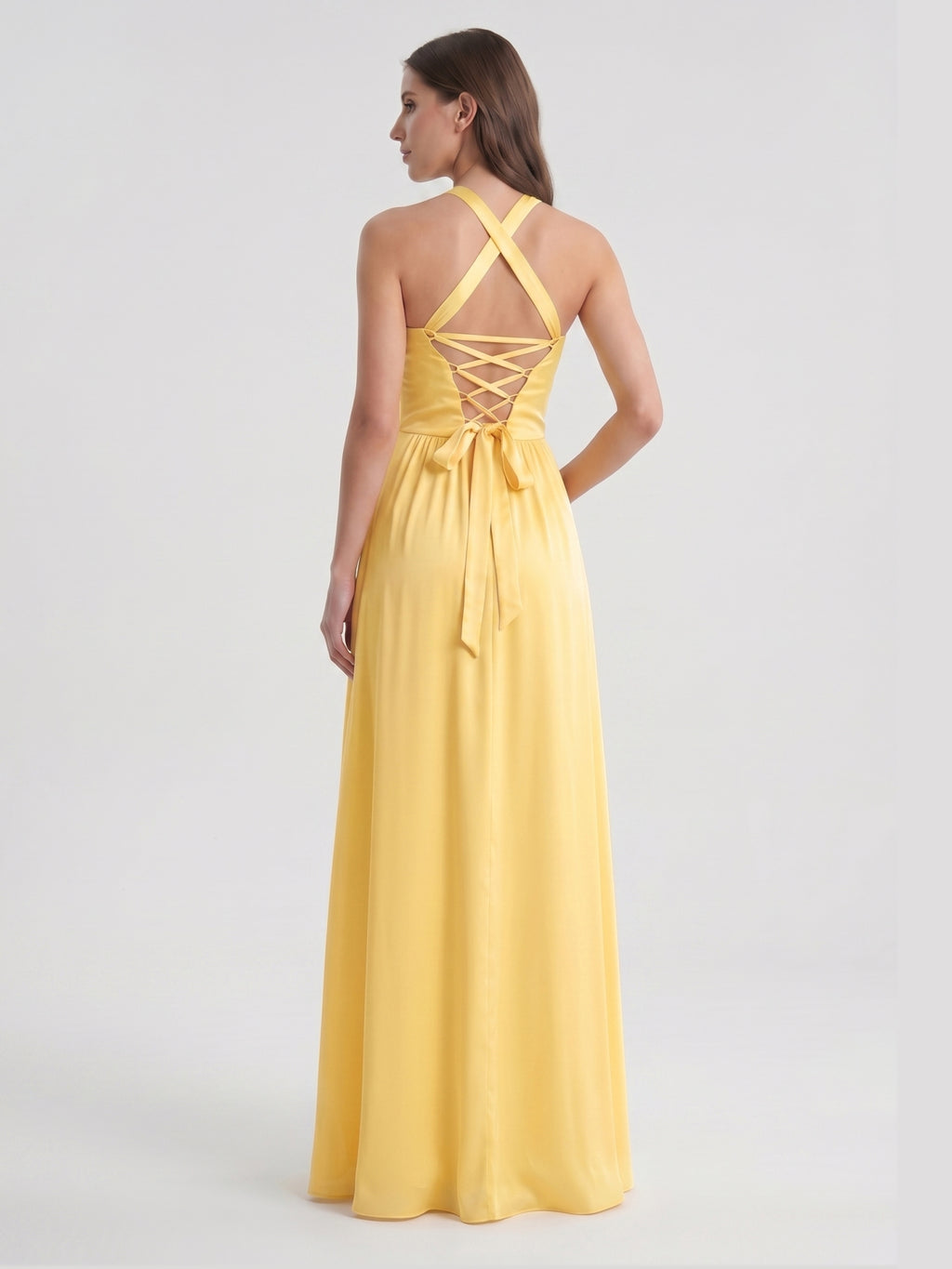 Daffodil Satin A-Line Halter Criss-Cross Floor-Length Bridesmaid Dress with Pleats