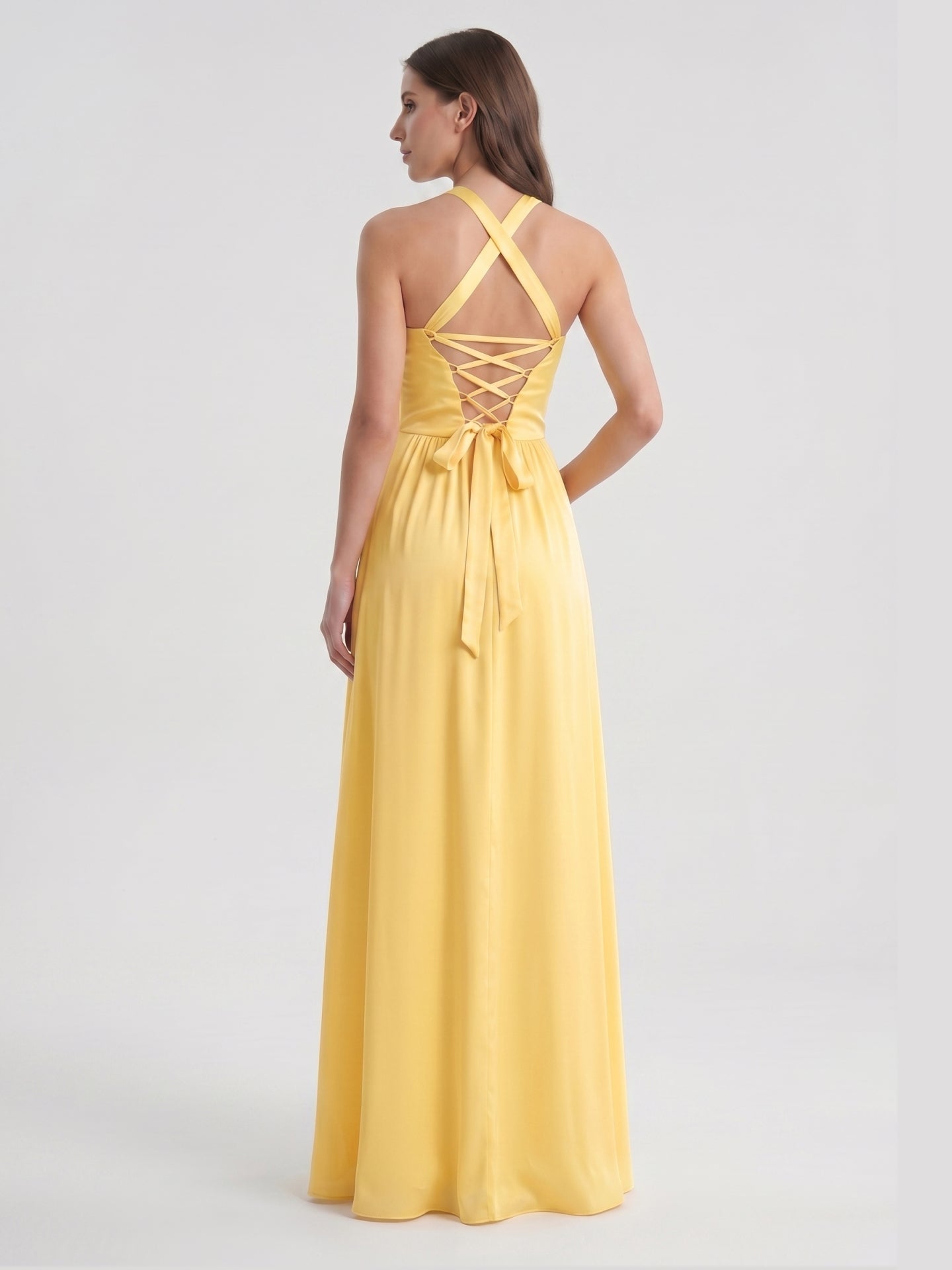 Daffodil Satin A-Line Halter Criss-Cross Floor-Length Bridesmaid Dress with Pleats