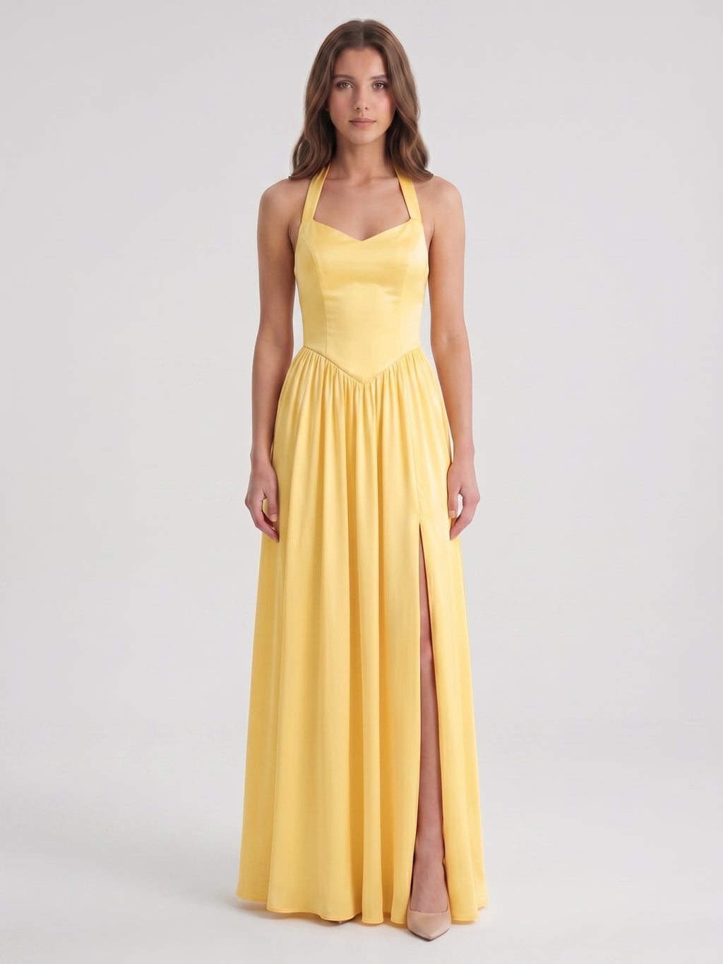 Daffodil Satin A-Line Halter Criss-Cross Floor-Length Bridesmaid Dress with Pleats