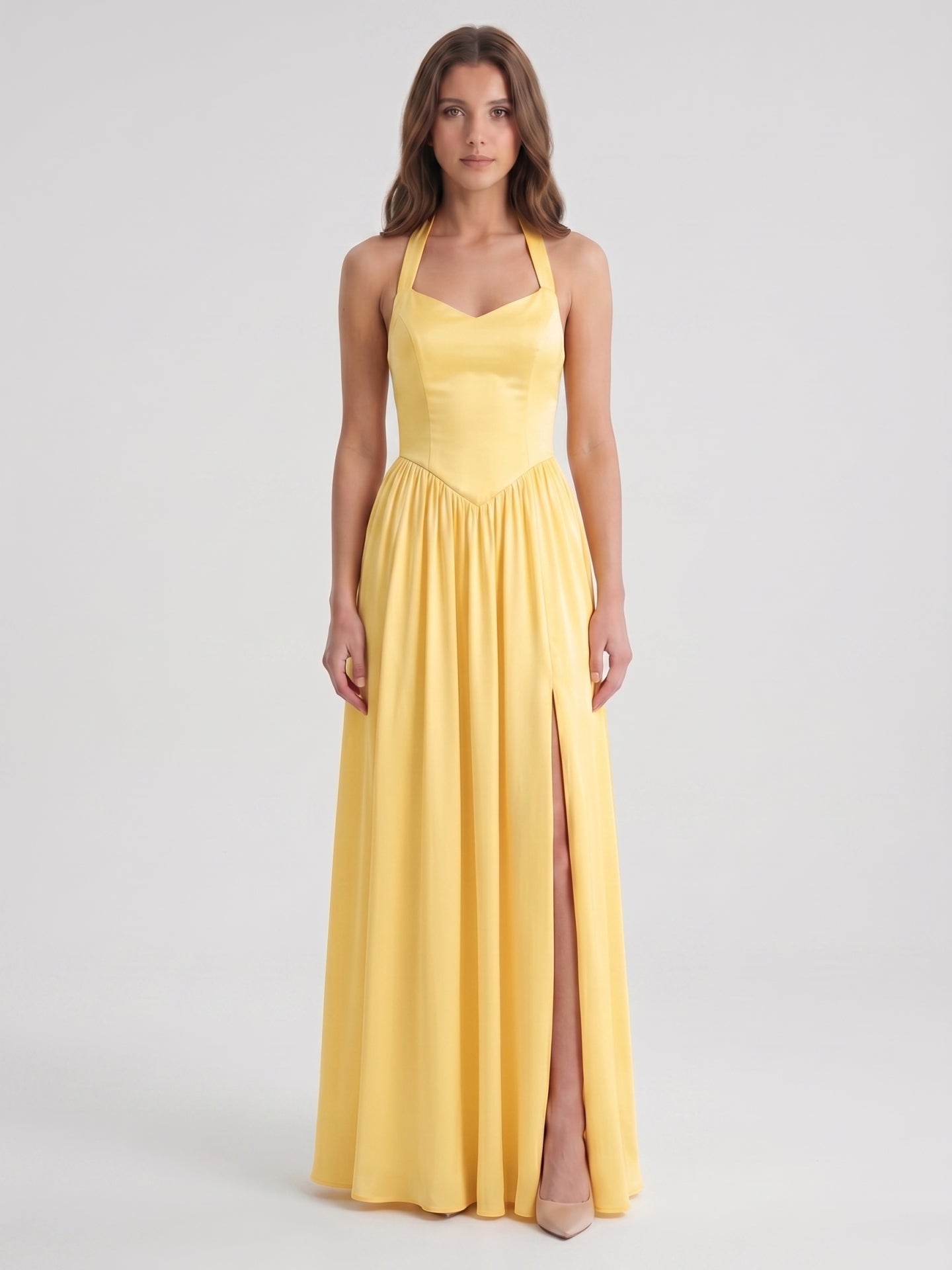 Daffodil Satin A-Line Halter Criss-Cross Floor-Length Bridesmaid Dress with Pleats