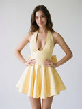Daffodil Satin A-Line Halter Neckline Backless Short Homecoming Dress with Bow
