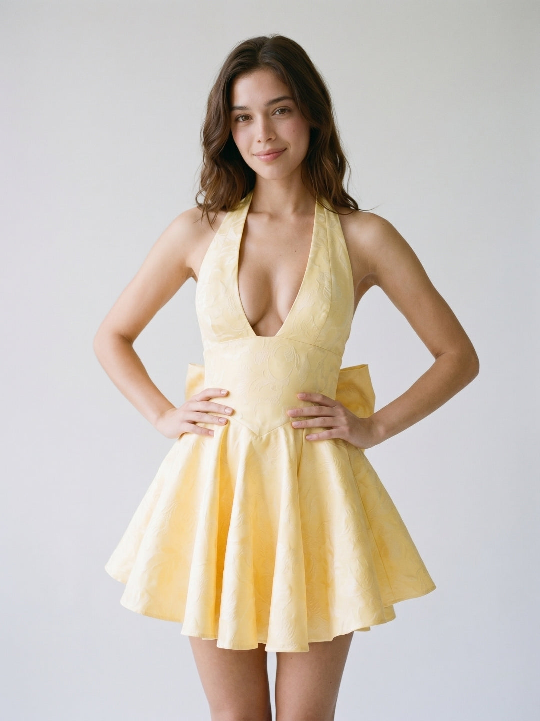 Daffodil Satin A-Line Halter Neckline Backless Short Homecoming Dress with Bow