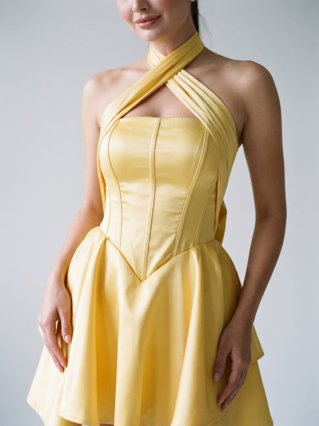 Daffodil Satin A-Line Halter Neckline Lace-Up Back Short Homecoming Dress with Bow