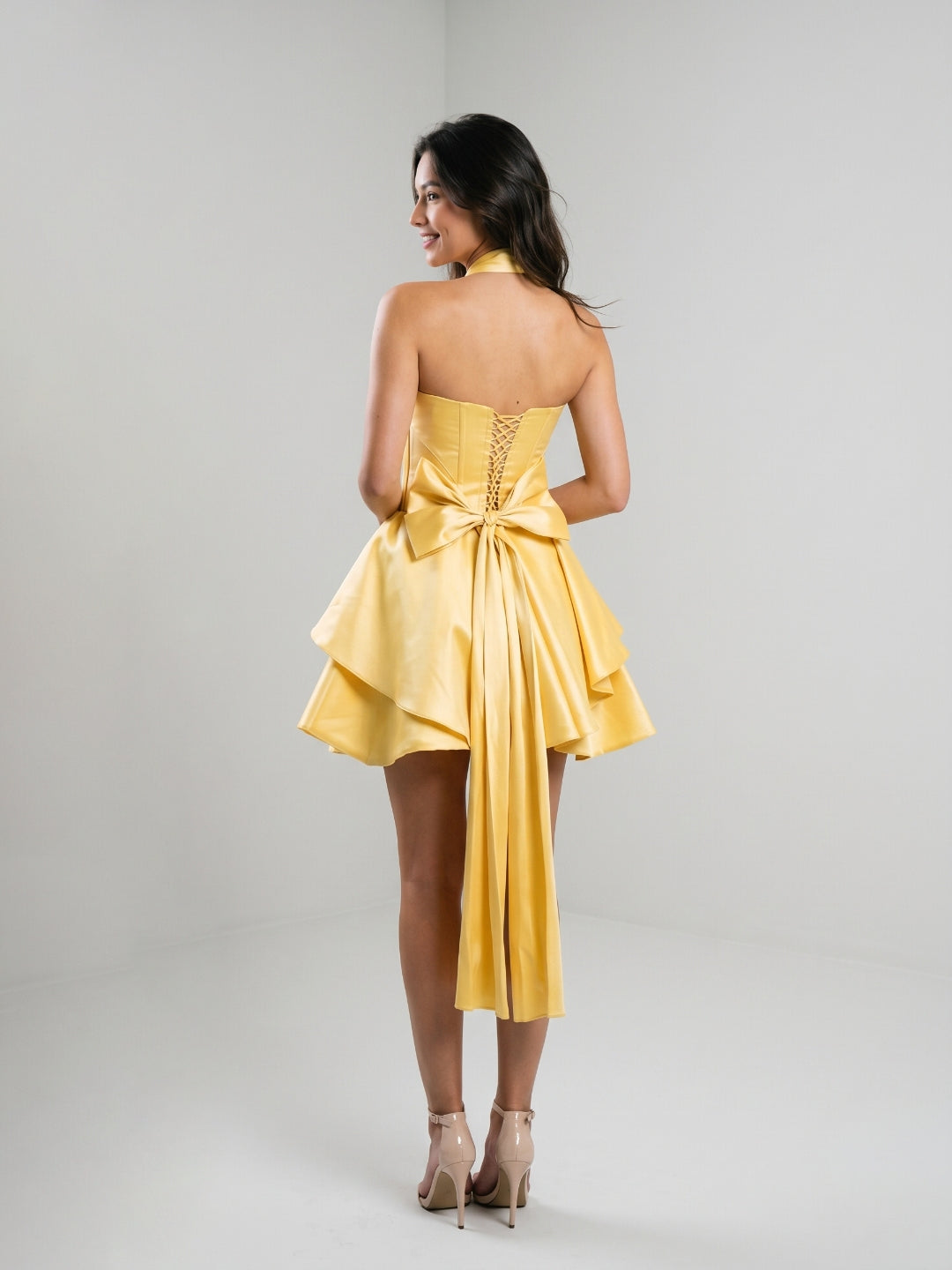Daffodil Satin A-Line Halter Neckline Lace-Up Back Short Homecoming Dress with Bow
