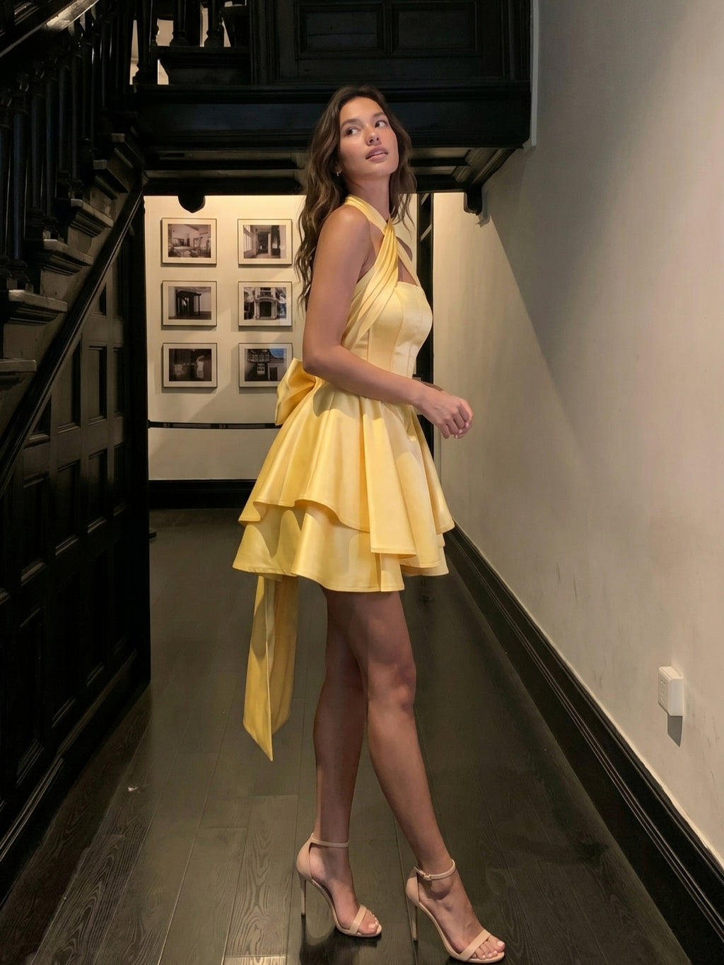 Daffodil Satin A-Line Halter Neckline Lace-Up Back Short Homecoming Dress with Bow