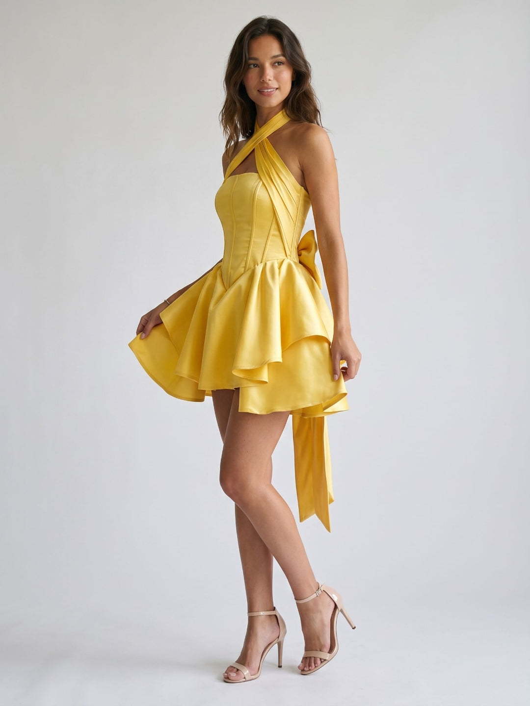 Daffodil Satin A-Line Halter Neckline Lace-Up Back Short Homecoming Dress with Bow