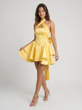 Daffodil Satin A-Line Halter Neckline Lace-Up Back Short Homecoming Dress with Bow
