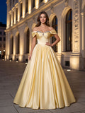 Daffodil Satin A-Line Off-the-Shoulder Lace-up Floor-Length Dress