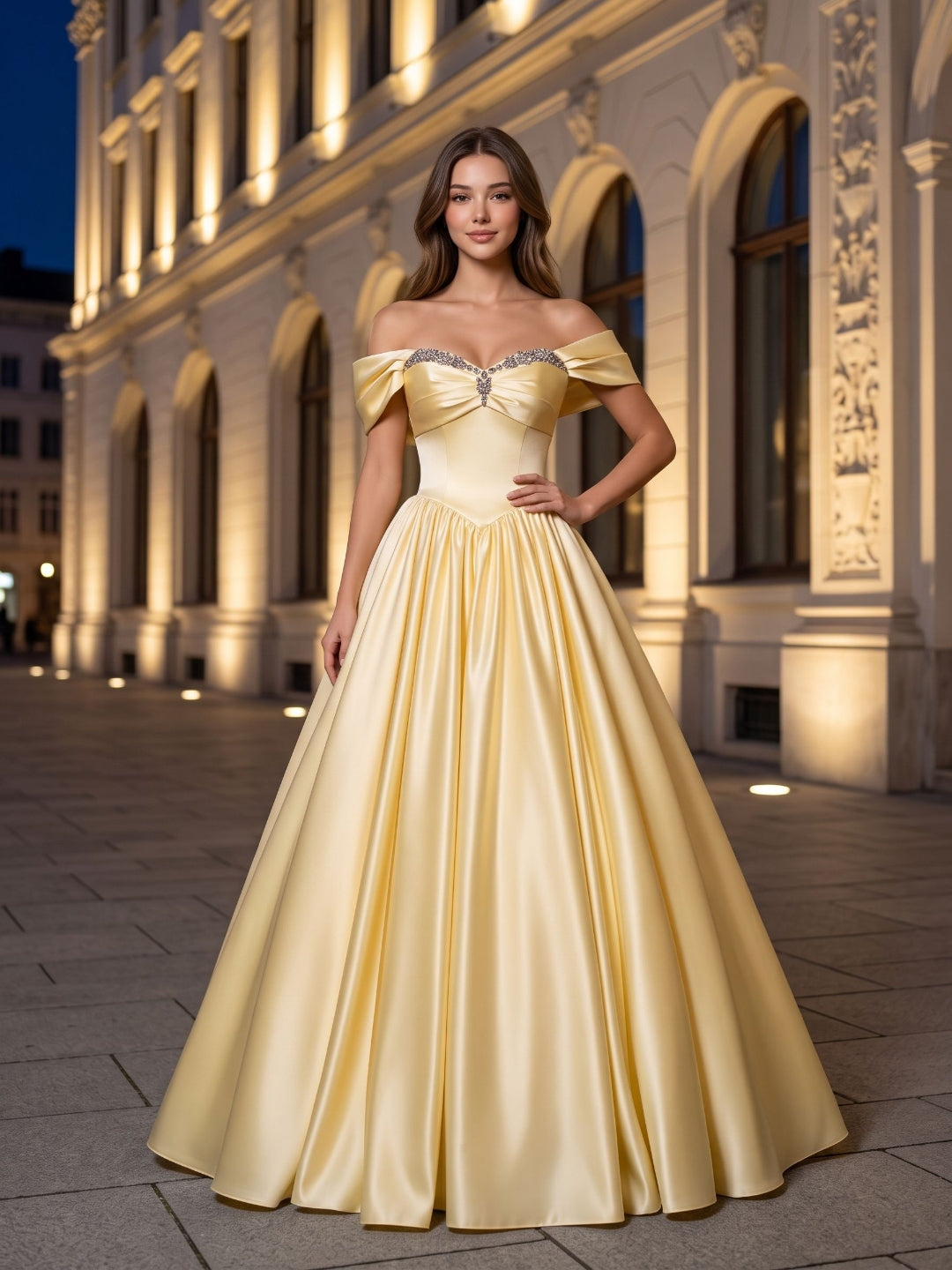 Daffodil Satin A-Line Off-the-Shoulder Lace-up Floor-Length Dress