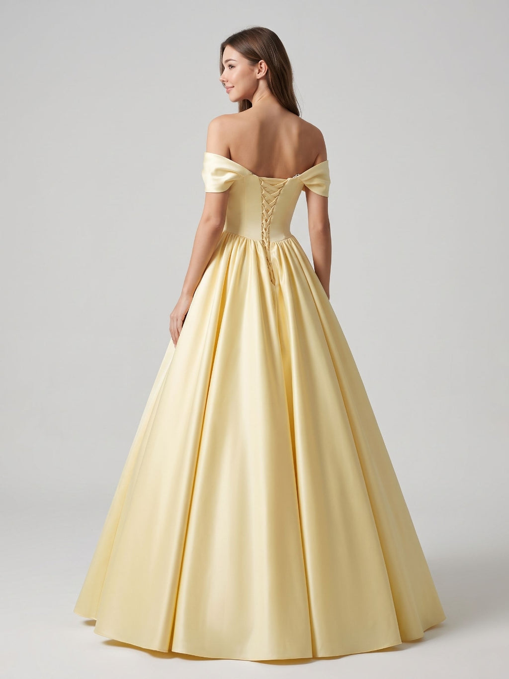 Daffodil Satin A-Line Off-the-Shoulder Lace-up Floor-Length Dress