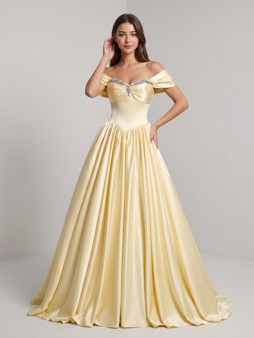 Daffodil Satin A-Line Off-the-Shoulder Lace-up Floor-Length Dress