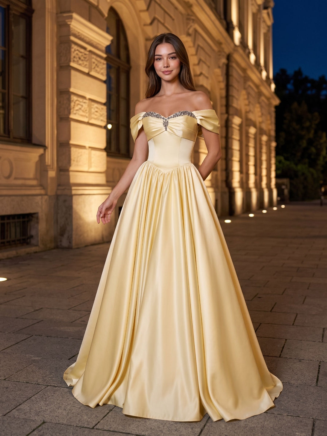 Daffodil Satin A-Line Off-the-Shoulder Lace-up Floor-Length Dress