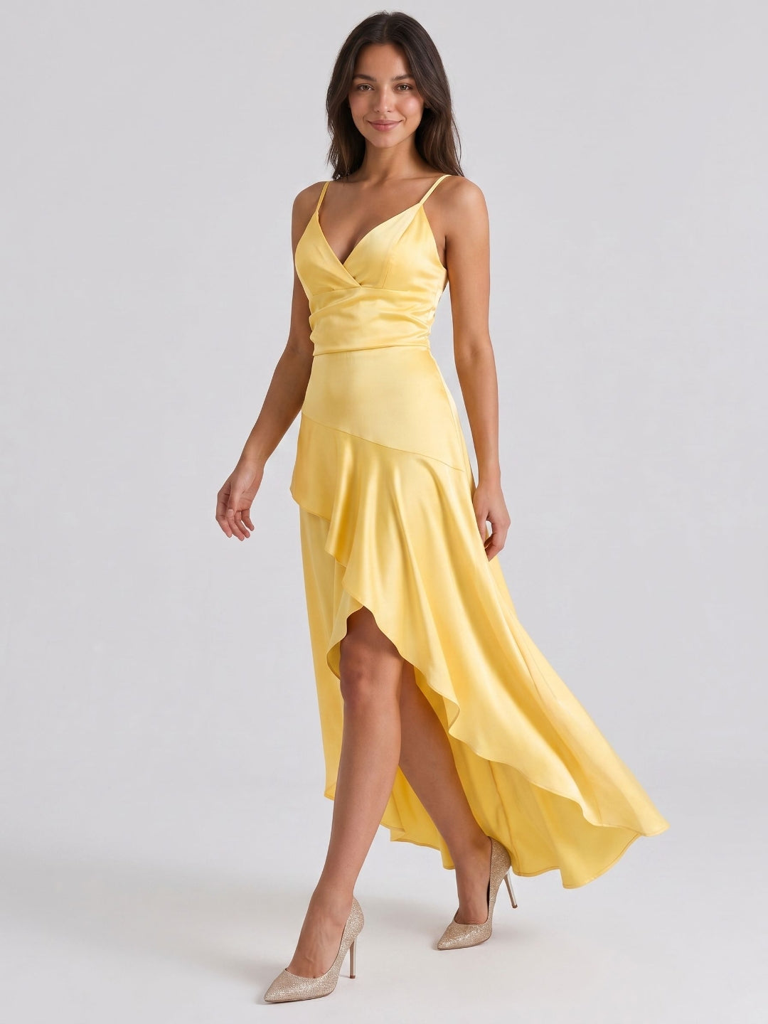 Daffodil Satin A-Line V-Neck Back Zip Asymmetrical Birthday Dress with Ruffles