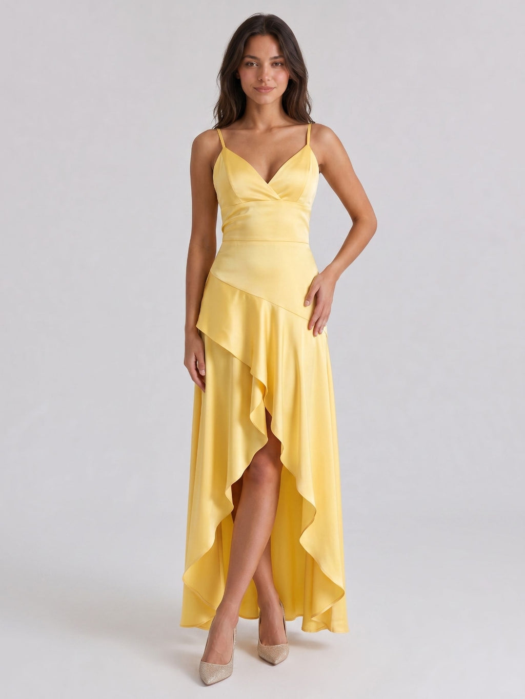 Daffodil Satin A-Line V-Neck Back Zip Asymmetrical Birthday Dress with Ruffles