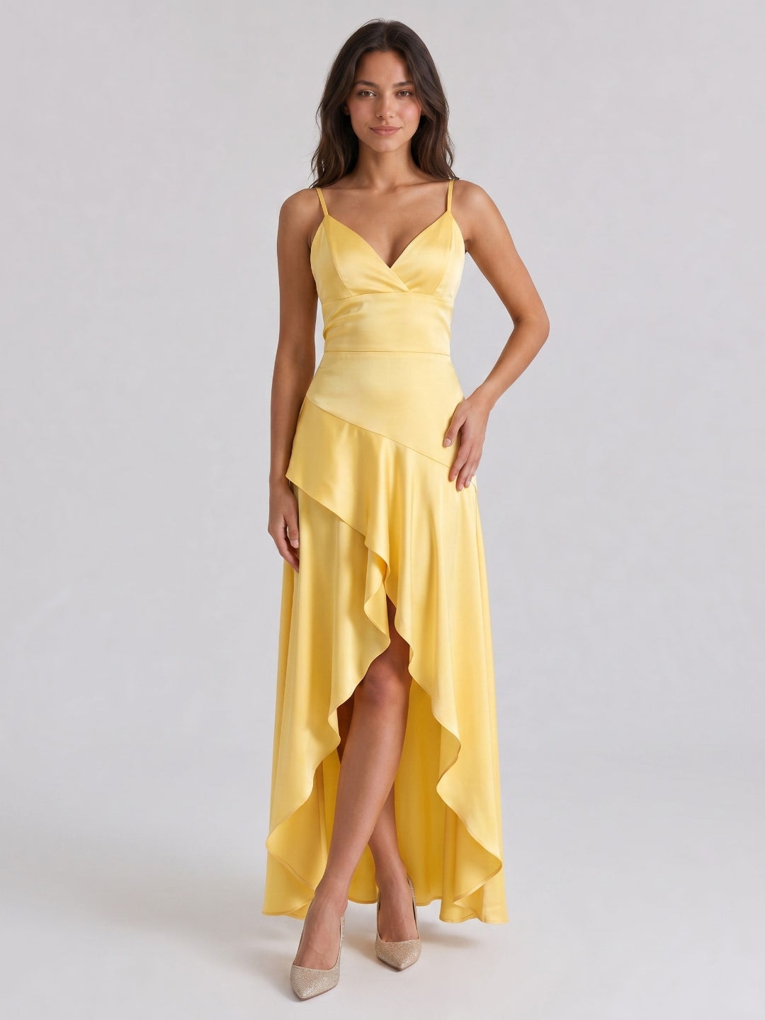 Daffodil Satin A-Line V-Neck Back Zip Asymmetrical Birthday Dress with Ruffles