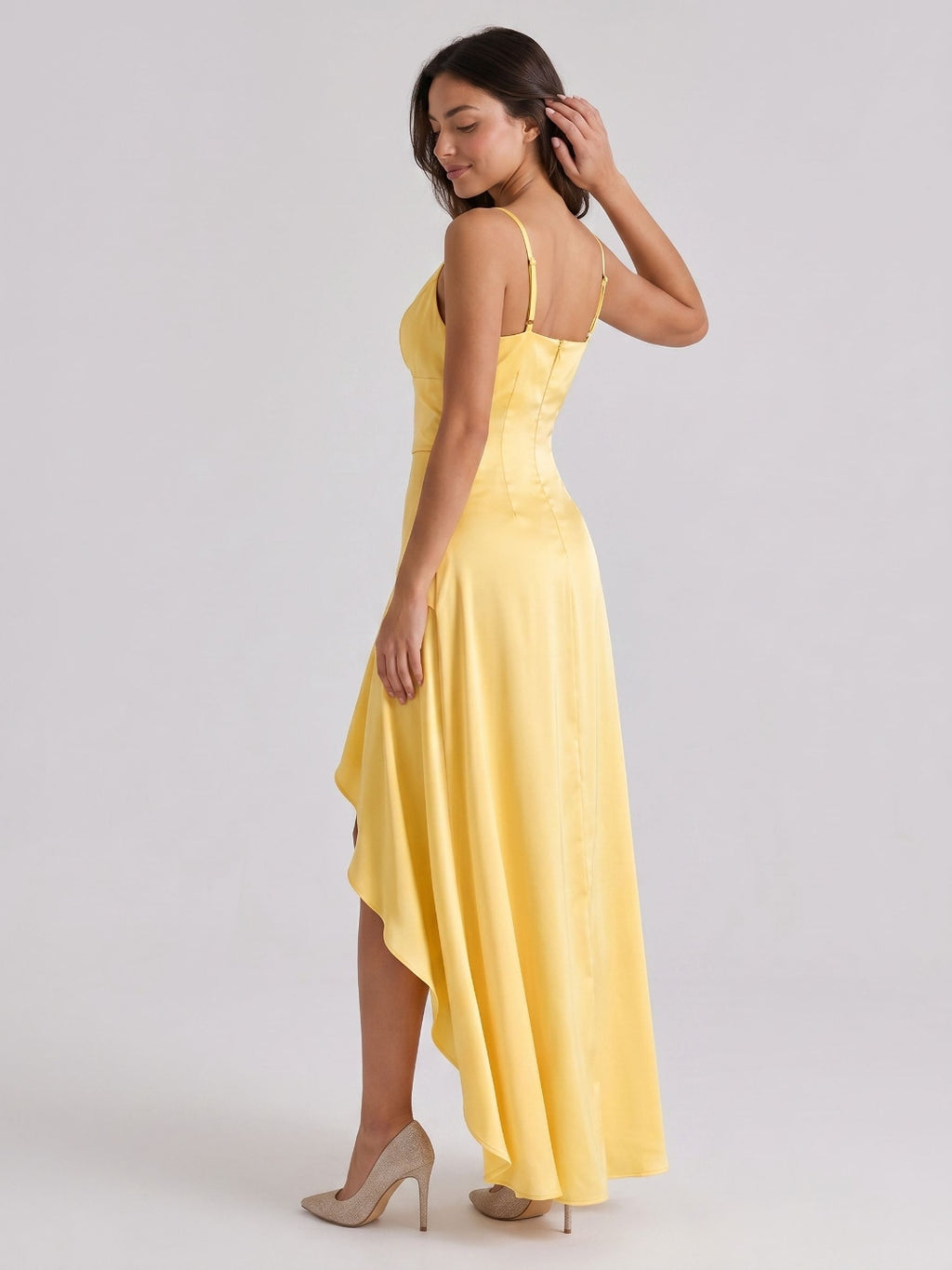 Daffodil Satin A-Line V-Neck Back Zip Asymmetrical Birthday Dress with Ruffles