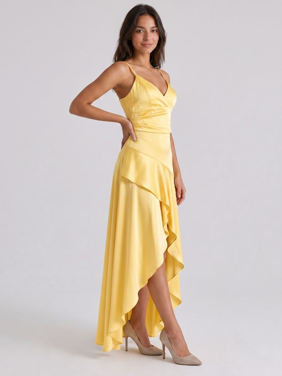 Daffodil Satin A-Line V-Neck Back Zip Asymmetrical Birthday Dress with Ruffles