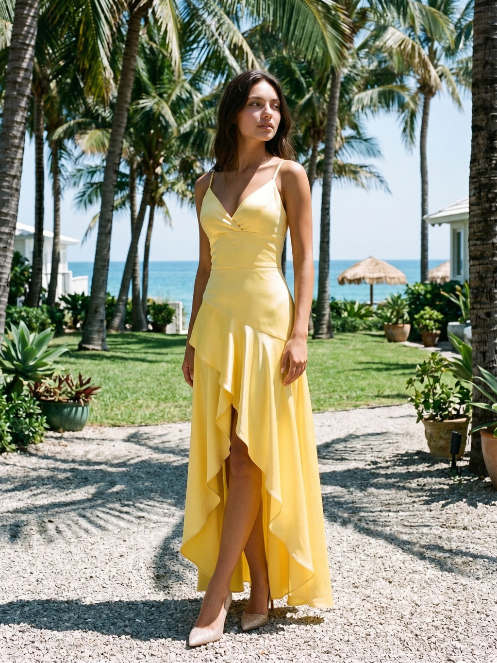 Daffodil Satin A-Line V-Neck Back Zip Asymmetrical Birthday Dress with Ruffles