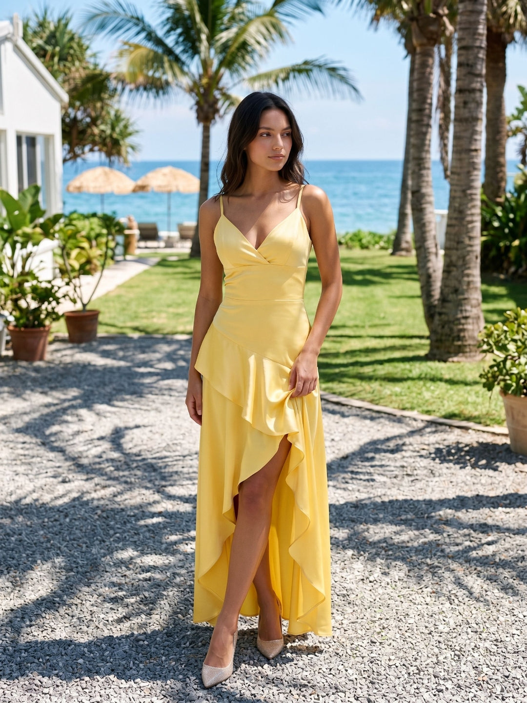 Daffodil Satin A-Line V-Neck Back Zip Asymmetrical Birthday Dress with Ruffles