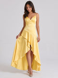 Daffodil Satin A-Line V-Neck Back Zip Asymmetrical Birthday Dress with Ruffles