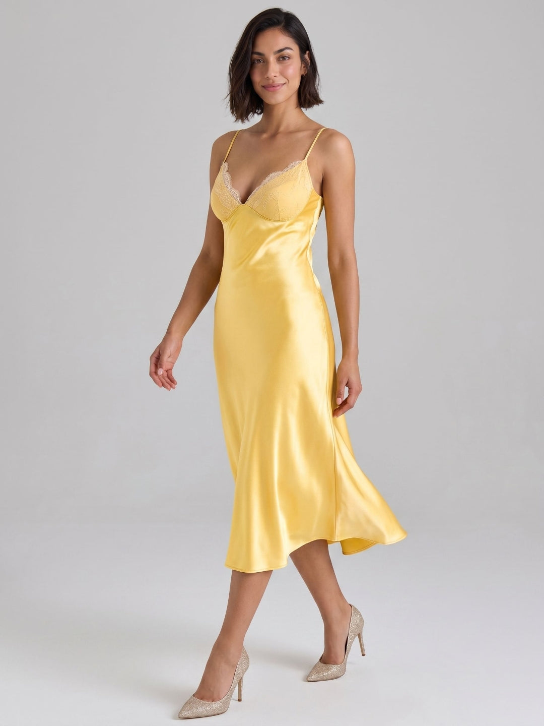 Daffodil Satin A-Line V-Neck Side Zip Tea-Length Dress