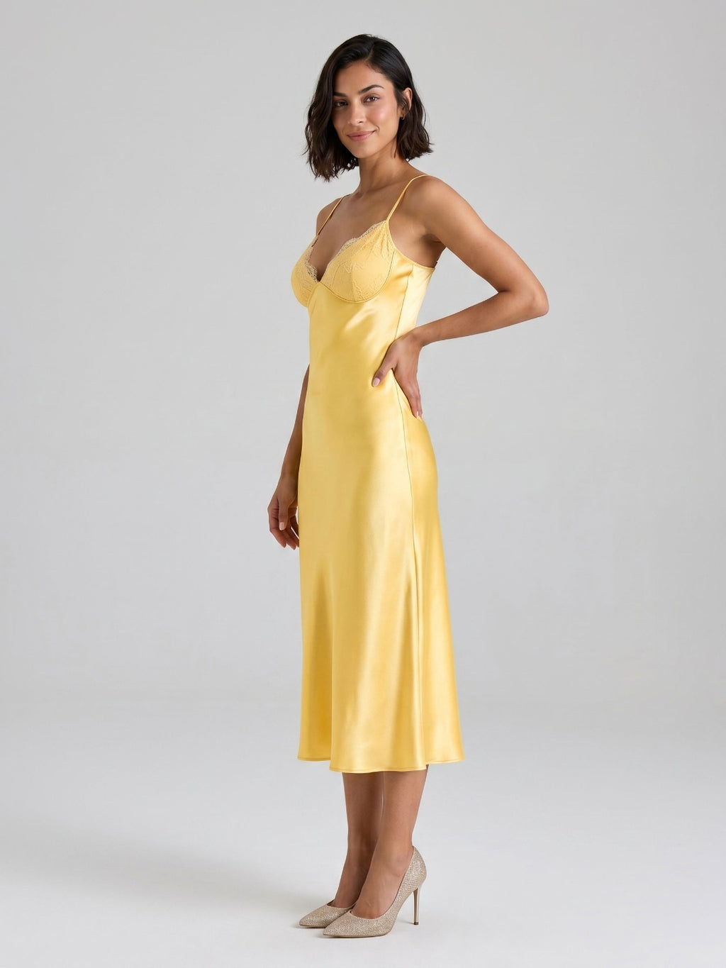 Daffodil Satin A-Line V-Neck Side Zip Tea-Length Dress