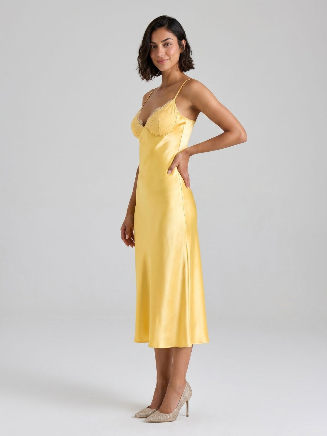 Daffodil Satin A-Line V-Neck Side Zip Tea-Length Dress