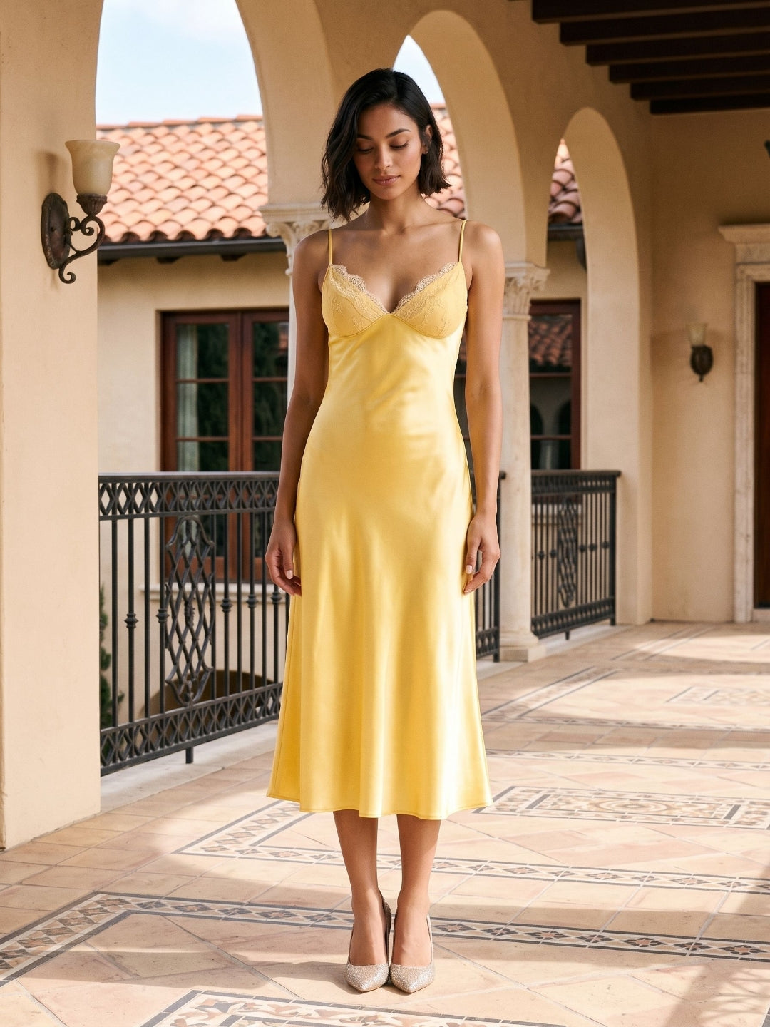 Daffodil Satin A-Line V-Neck Side Zip Tea-Length Dress