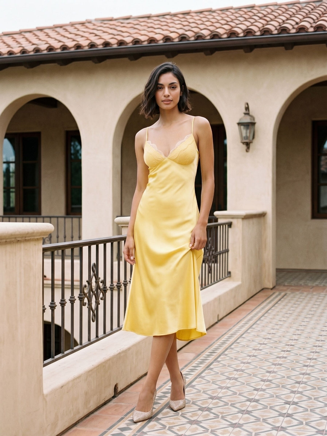Daffodil Satin A-Line V-Neck Side Zip Tea-Length Dress