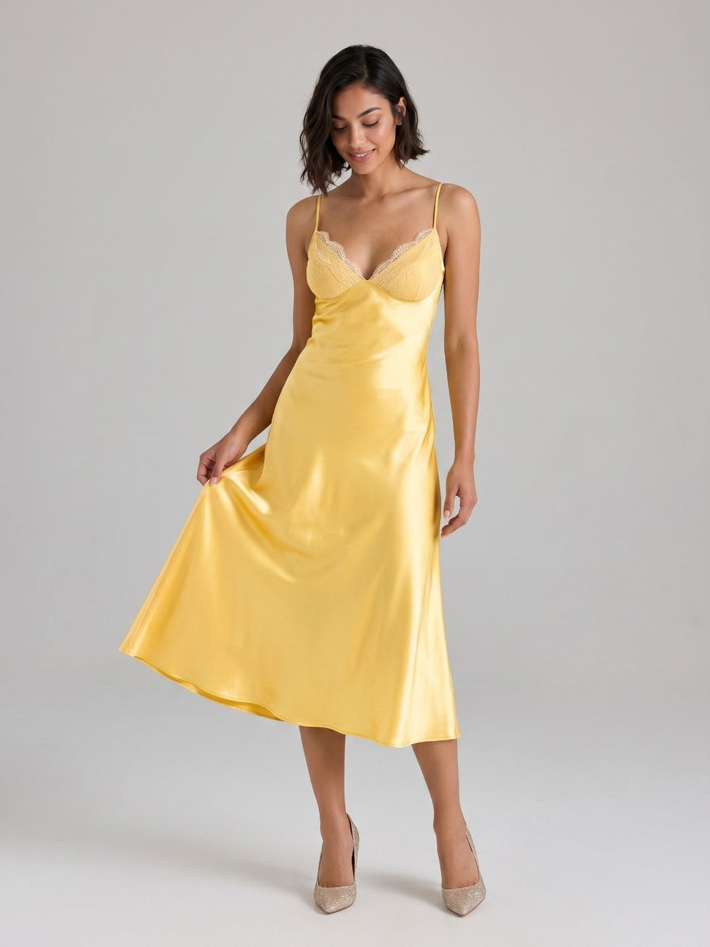 Daffodil Satin A-Line V-Neck Side Zip Tea-Length Dress