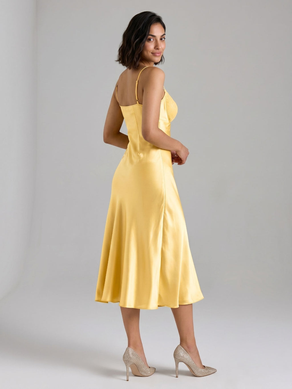 Daffodil Satin A-Line V-Neck Side Zip Tea-Length Dress