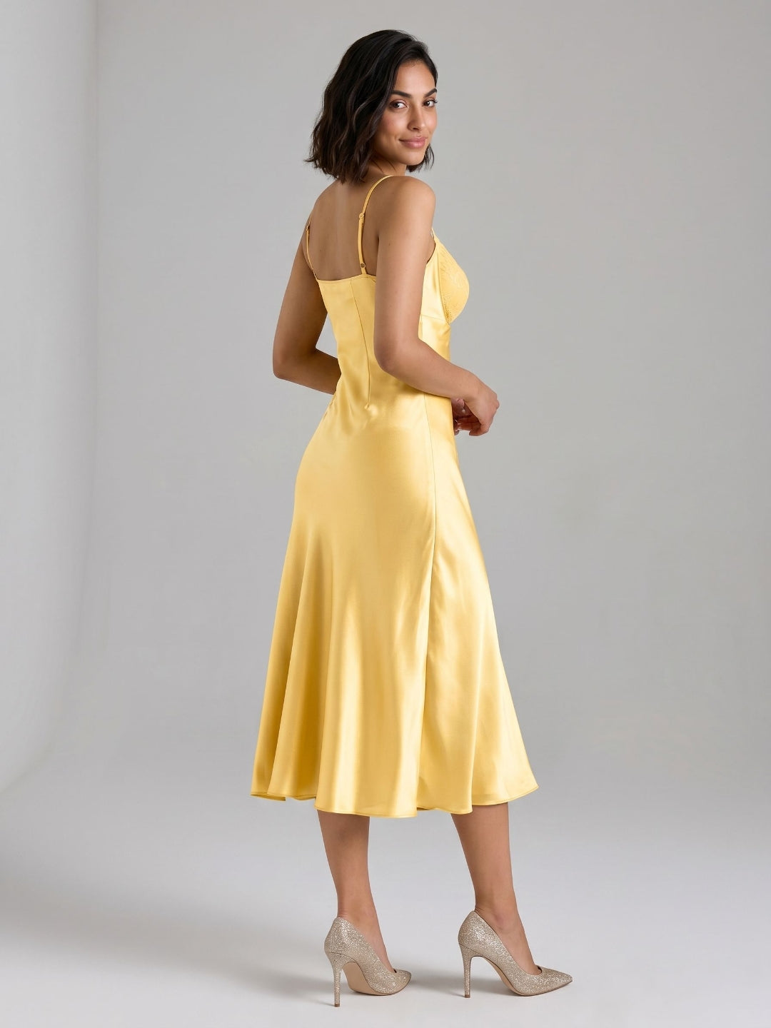 Daffodil Satin A-Line V-Neck Side Zip Tea-Length Dress